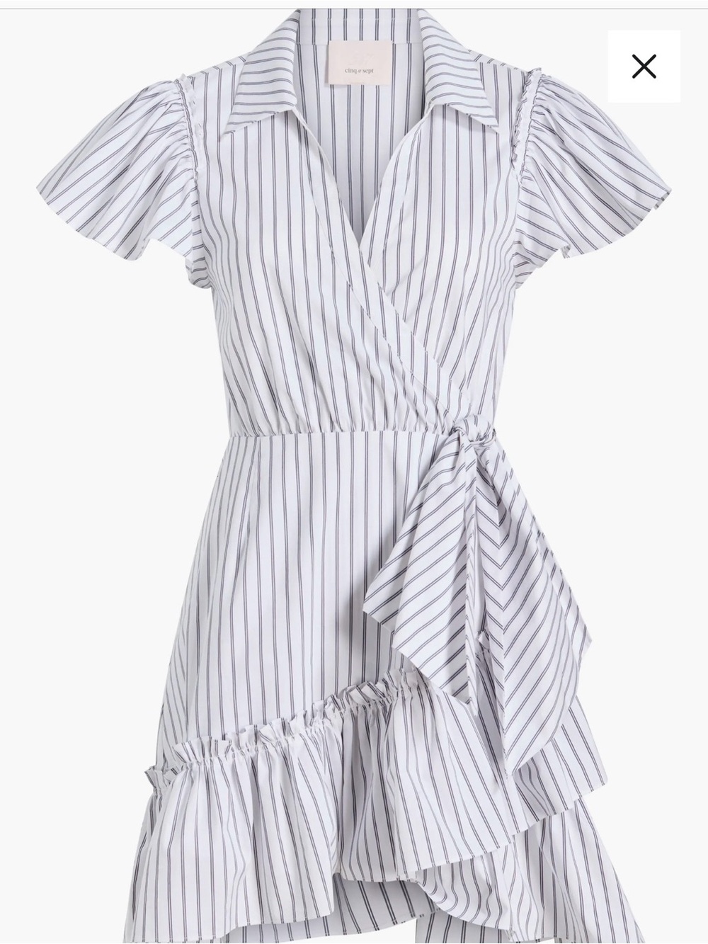 Cinq a Sept White and Navy Striped Asymmetrical Wrap Dress